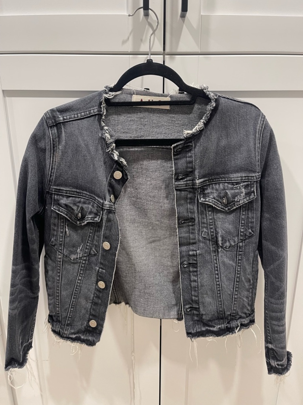 AMO Frayed Hem Washed Black Denim Jacket - Women size small